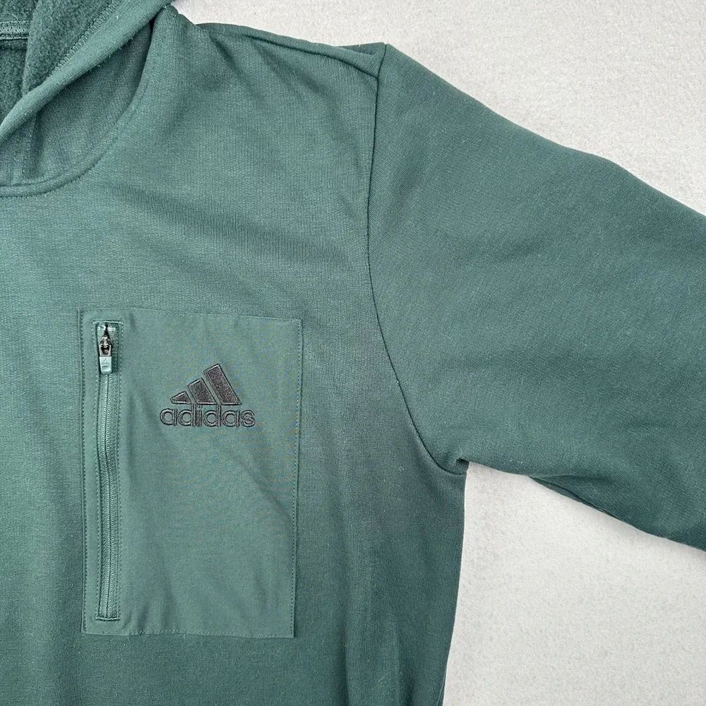 Adidas Hoodie Mens Medium Green Zip Chest Pocket Fleece Pullover JG8148